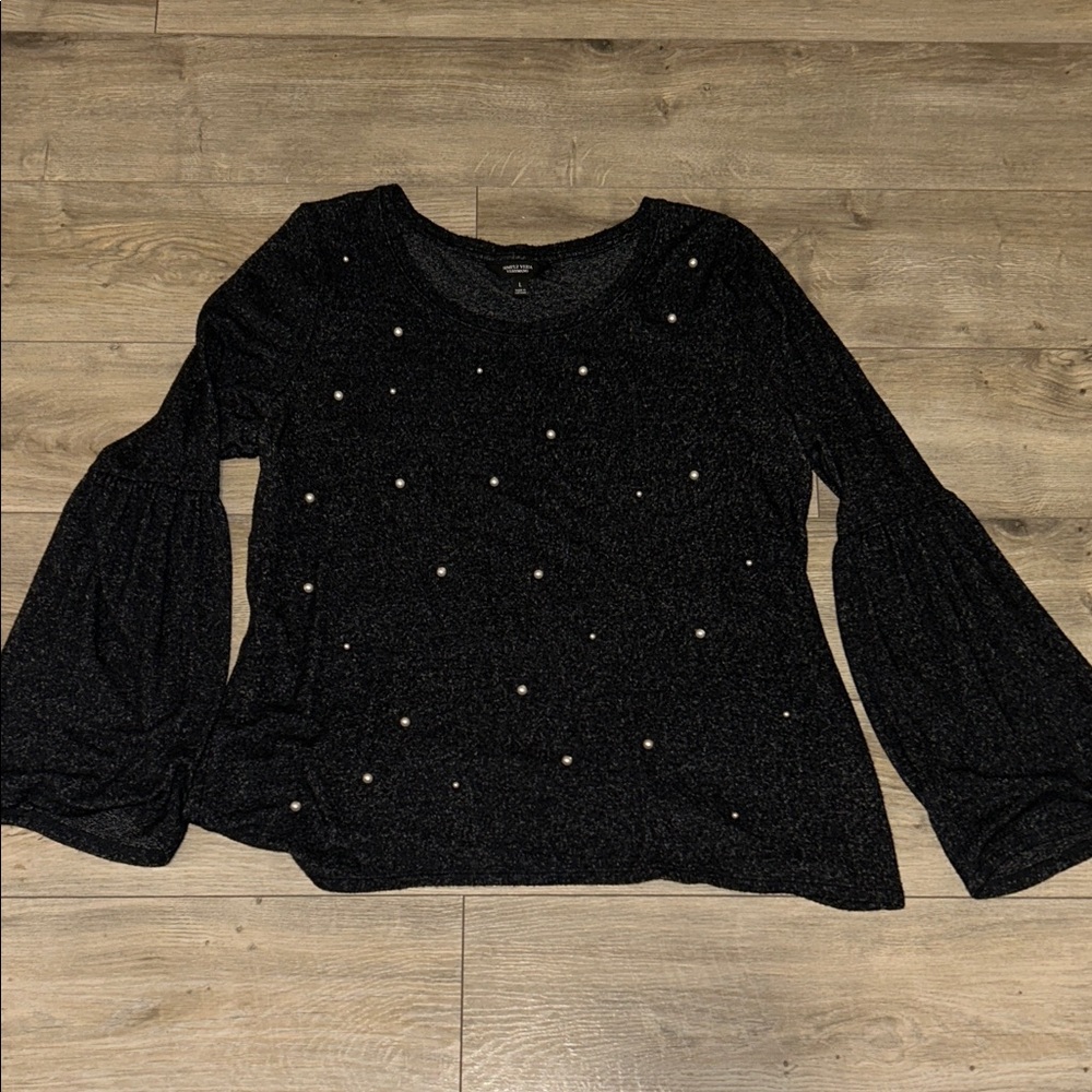 Simply Vera Vera Wang Black Top with Pearls, Size Large